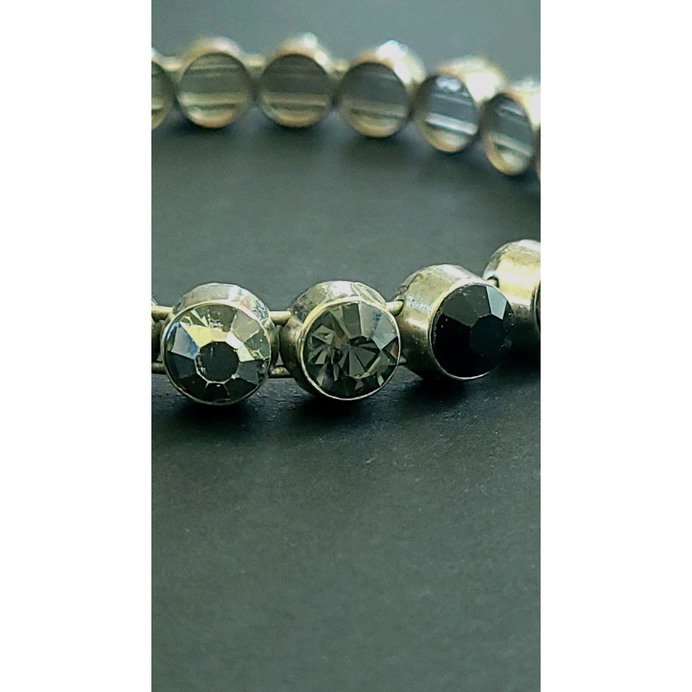 Vintage Black Clear Rhinestone Bracelet Silver Tone Magnetic Clasp